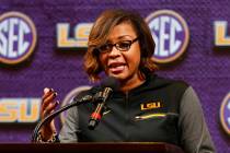 FILE - LSU women's NCAA college basketball head coach Nikki Fargas speaks during the Southeaste ...