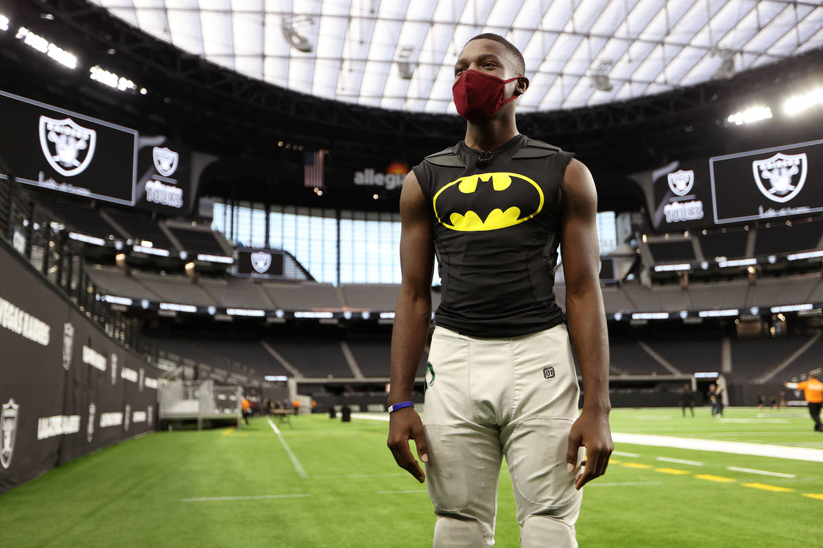 Rancho's Saied Koroma is interviewed about his team's football practice at Allegiant Stadium in ...