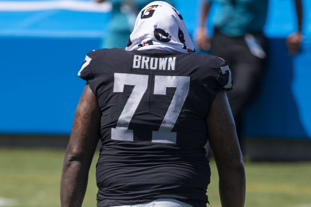 Las Vegas Raiders offensive tackle Trent Brown (77) walks off the field after the 1st quarter o ...