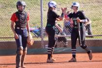 Green Valley's Avari Morris (1), center, celebrates a run with teammate Ava Mearideth (5) as Co ...