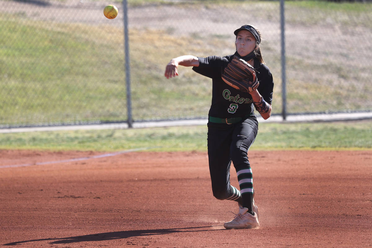 Green Valley's Mickey Morris (3) throws a ground ball to first base for an out against Coronado ...