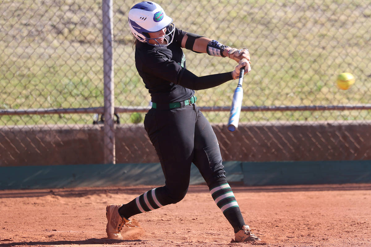 Green Velley's Angelina Ortega (6) hits the ball for a single in the fourth inning of a softbal ...
