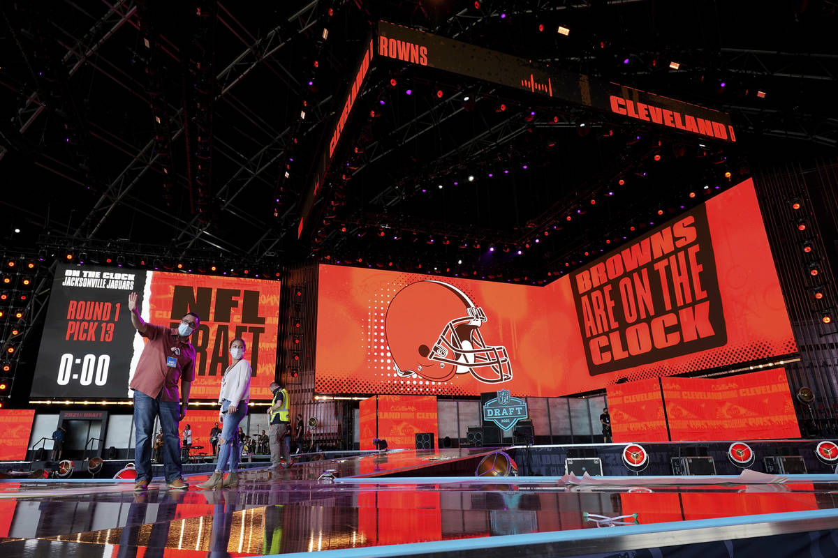 Workers prepare the NFL Draft Theatre, Tuesday, April 27, 2021, in Cleveland. The 2021 NFL Draf ...