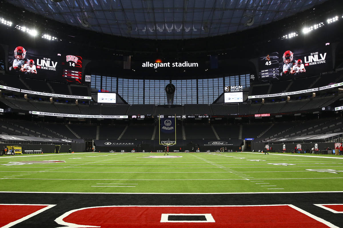 A view from the field at Allegiant Stadium after a UNLV football game against Wyoming in Las Ve ...