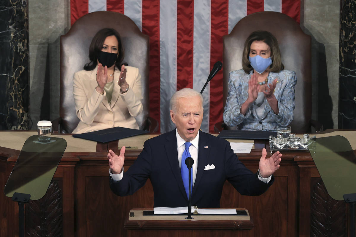President Joe Biden addresses a joint session of Congress, Wednesday, April 28, 2021, in the Ho ...