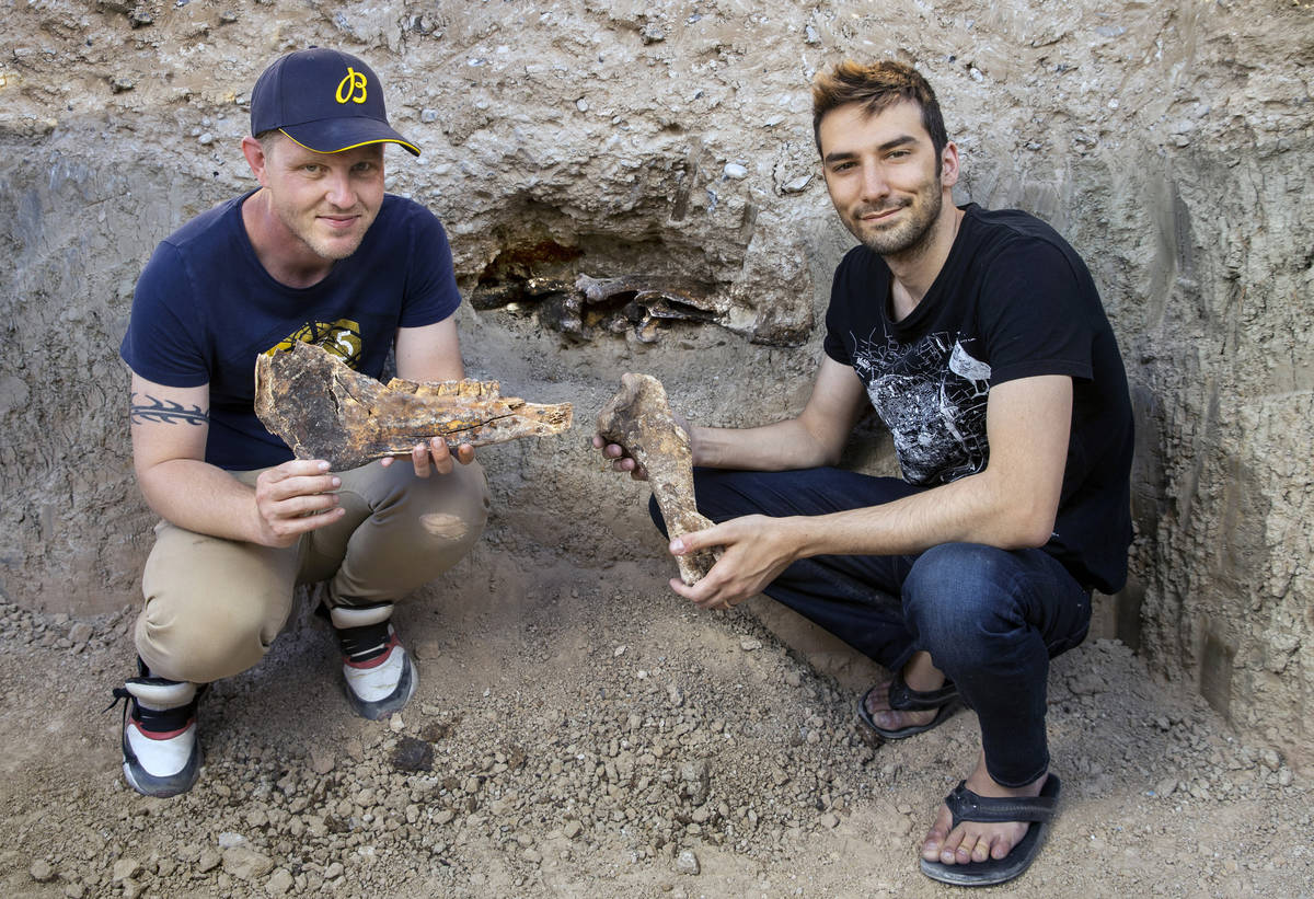 Matt Perkins, left, and Josh Anghel hold what may be bones from a horse that died 6,000 to 9,00 ...