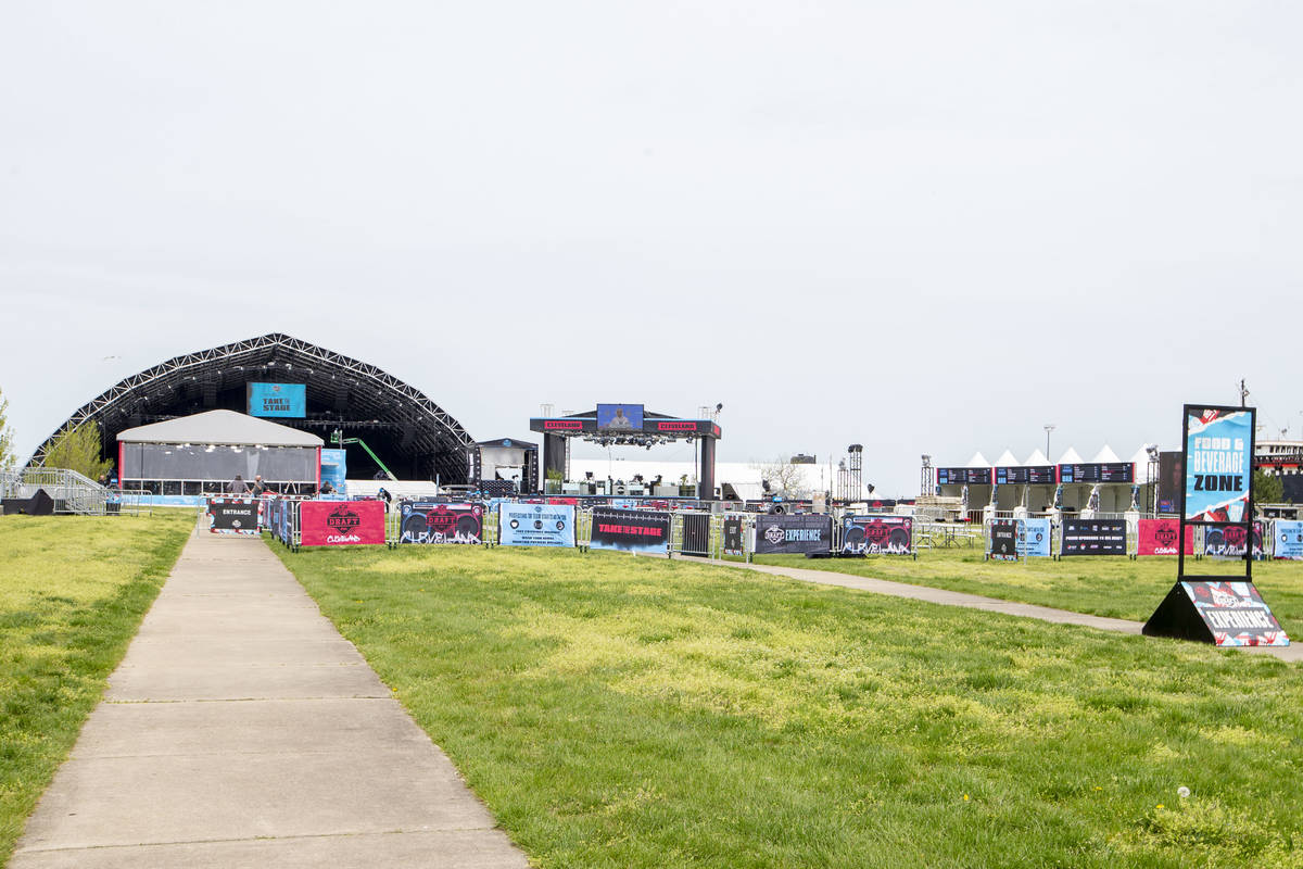 Signs leading to the NFL Draft stage being put in place during a media event near FirstEnergy S ...