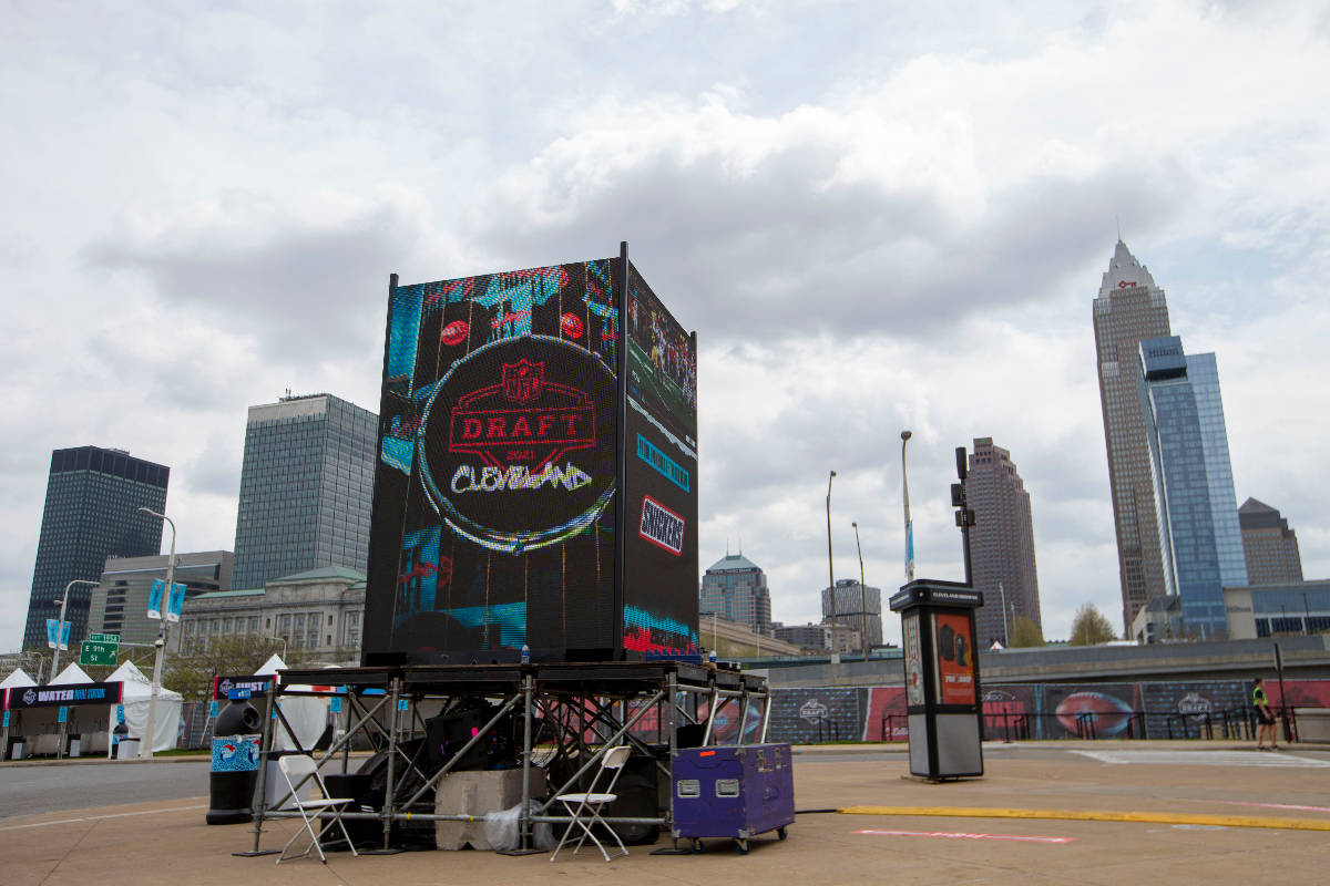 Draft signage on display at the entrance to FirstEnergy Stadium, Wednesday, April 28, 2021, in ...