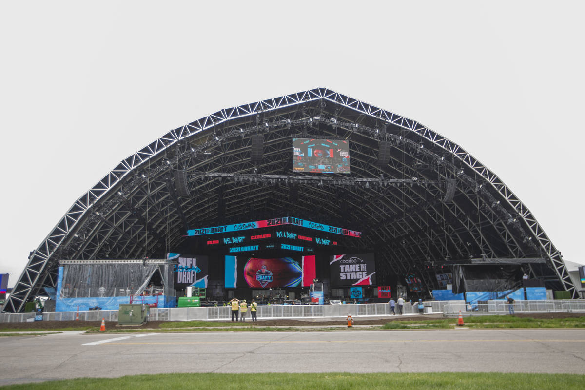 Crews work to put the NFL Draft stage up near FirstEnergy Stadium on Wednesday, April 28, 2021, ...