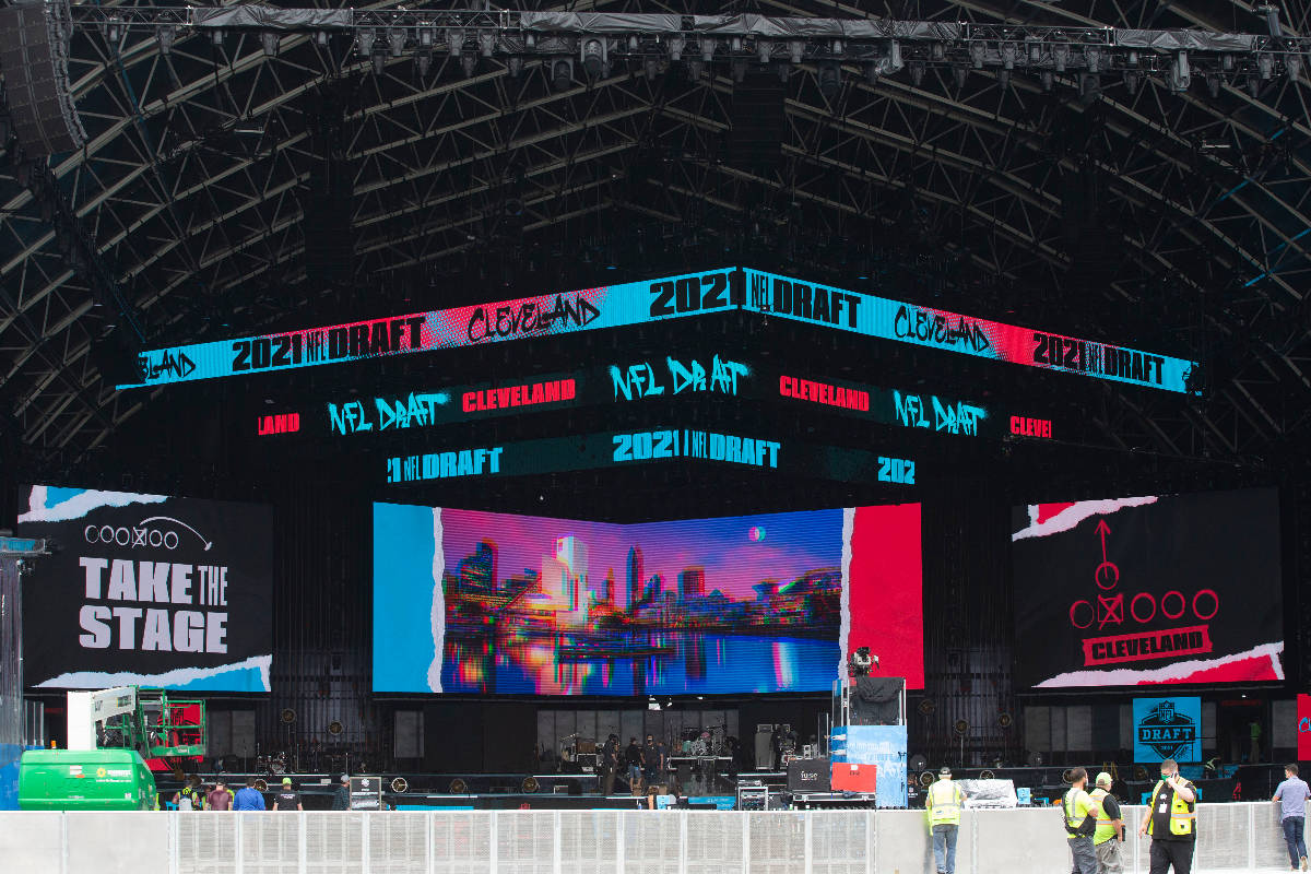 Crews work to put the NFL Draft stage up near FirstEnergy Stadium on Wednesday, April 28, 2021, ...