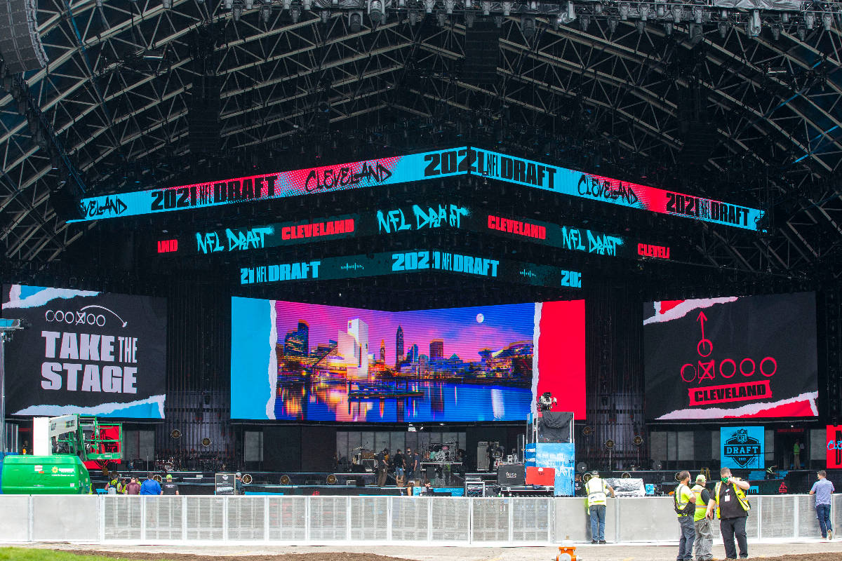 Crews work to put the NFL Draft stage up near FirstEnergy Stadium on Wednesday, April 28, 2021, ...