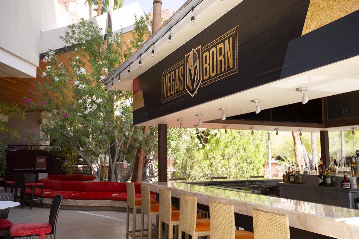 The pool bar on the patio at the Golden Knights-themed popup at Crimson Lounge at Red Rock Casi ...