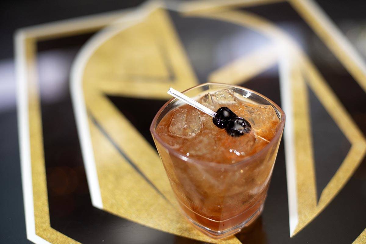 Tne Frosted Puck cocktail at the Golden Knights-themed popup at Crimson Lounge at Red Rock Casi ...