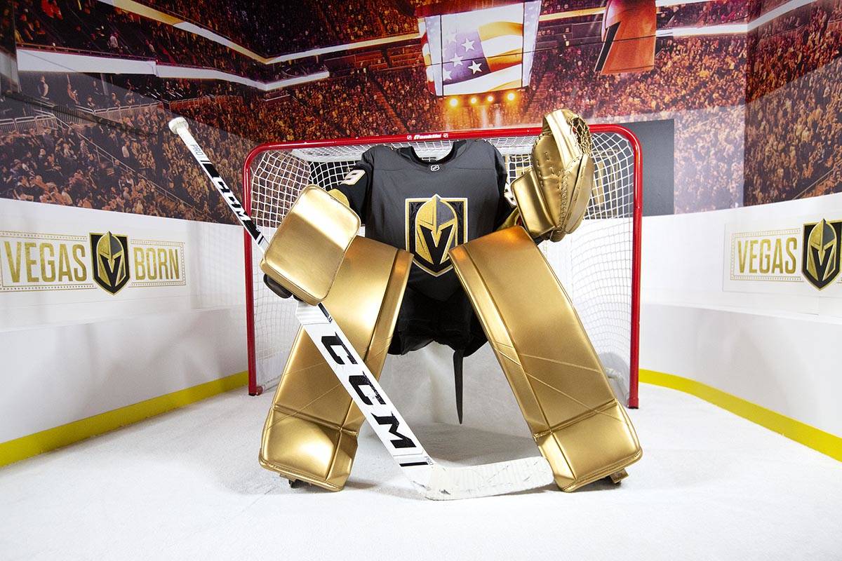 A photo station at Golden Knights-themed popup at Crimson Lounge at Red Rock Casino on Thursday ...