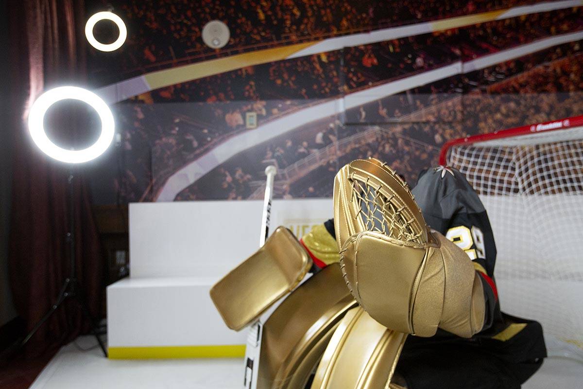 A photo station at Golden Knights-themed popup at Crimson Lounge at Red Rock Casino on Thursday ...