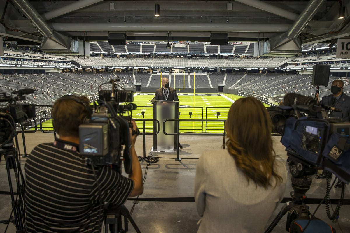 Raiders president Marc Badain addresses the media during the 2021 Las Vegas Raiders NFL Draft P ...