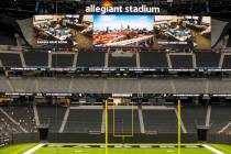 The Raiders draft room is broadcast on the big screen during the 2021 Las Vegas Raiders NFL Dra ...
