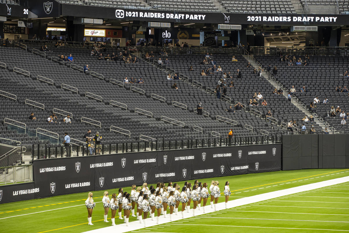 The Raiderettes take to the field before fans spread throughout the stands during the 2021 Las ...