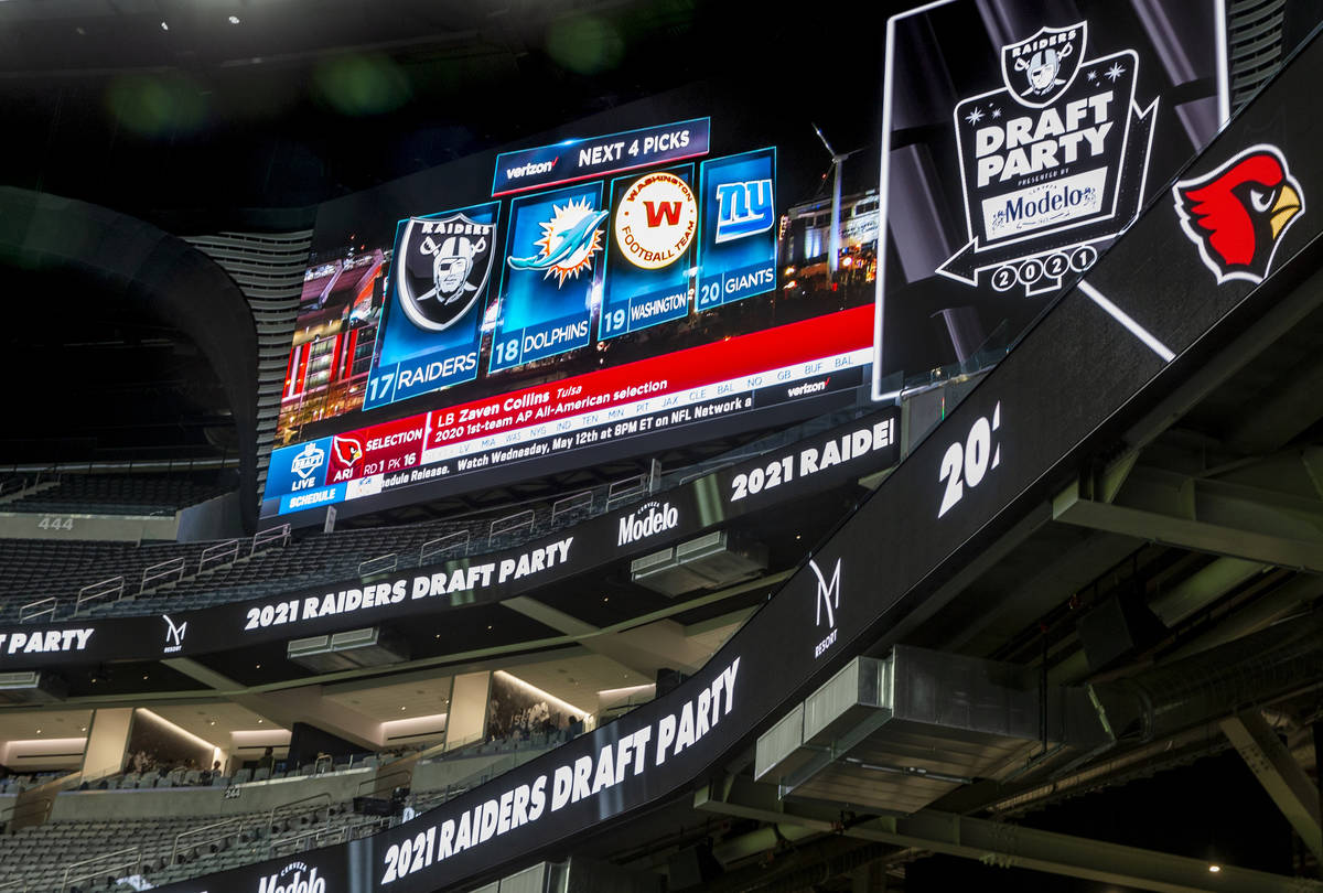 The upcoming order for picks is shown during the 2021 Las Vegas Raiders NFL Draft Party at Alle ...