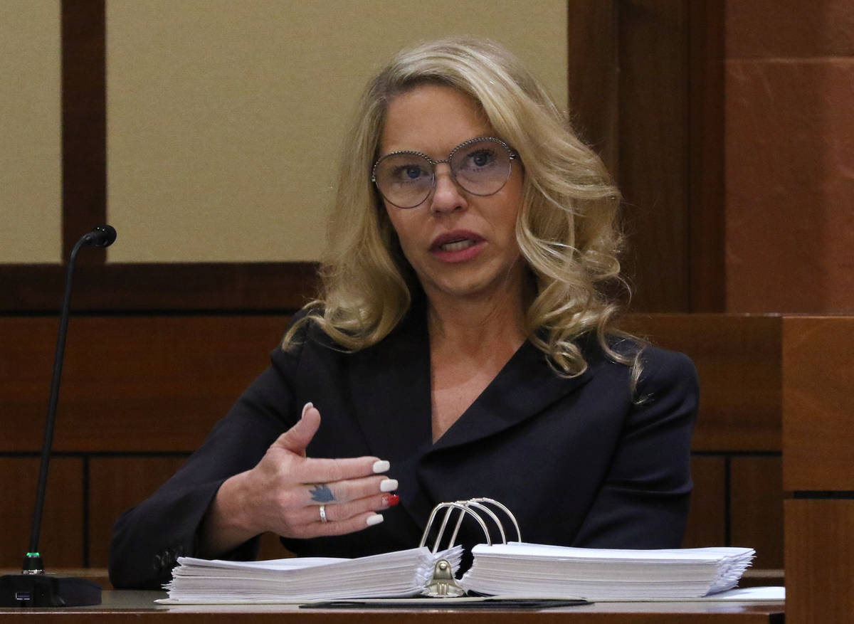 Justices of the Peace Melanie Andress-Tobiasson, left, testifies during a Nevada Judicial Disci ...