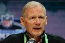 Las Vegas Raiders general manager Mike Mayock speaks during a press conference at the NFL footb ...