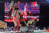 Cleveland Browns fan "Macho Man" dances on stage as the Browns are on the clock in the second r ...