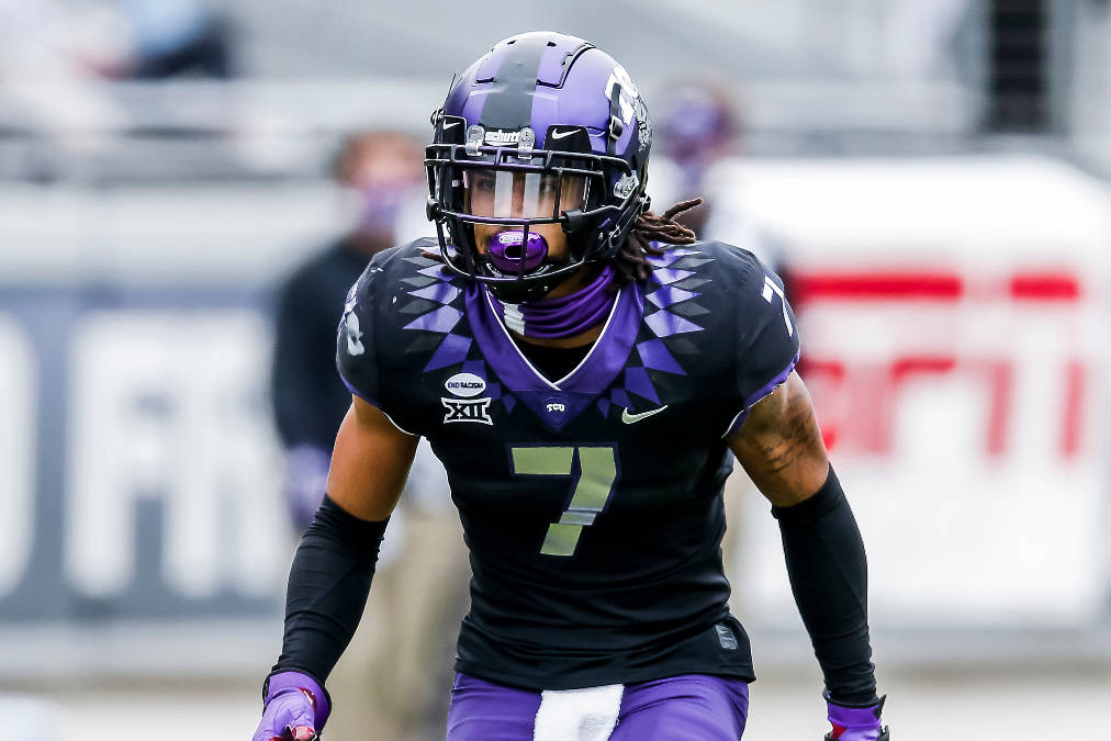 TCU safety Trevon Moehrig (7) defends during an NCAA college football game against Oklahoma, Sa ...
