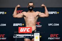Dominick Reyes poses on the scale during the UFC weigh-in at UFC APEX on April 30, 2021 in Las ...