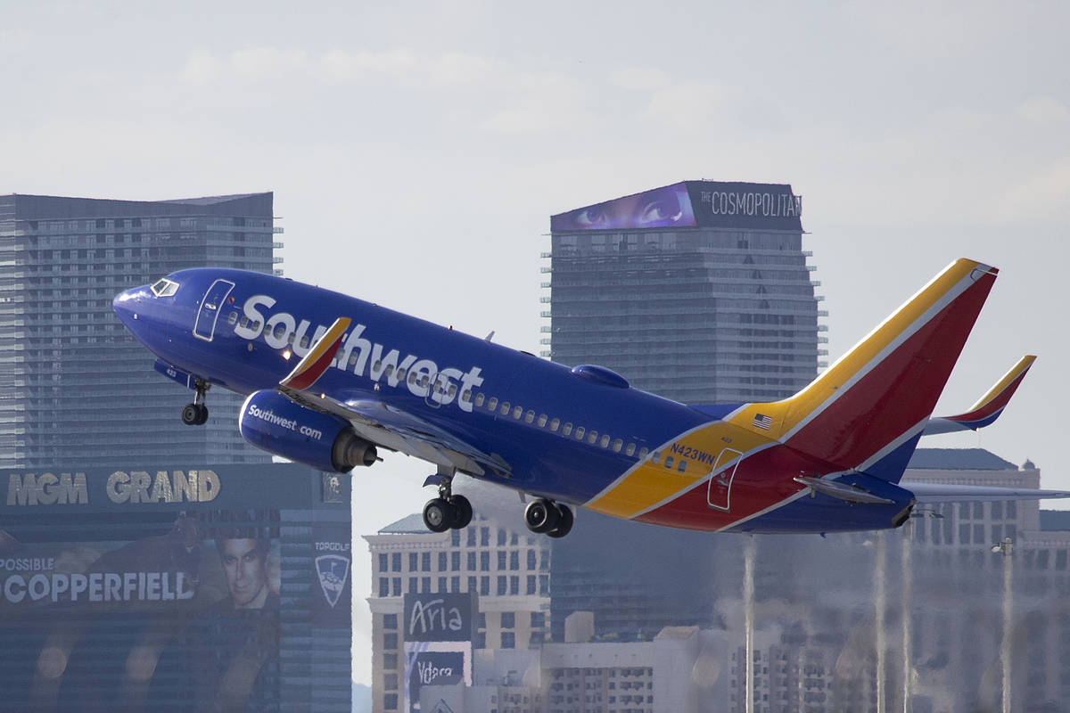 A Southwest airplane departs McCarran International Airport in Las Vegas, Thursday, April 22, 2 ...
