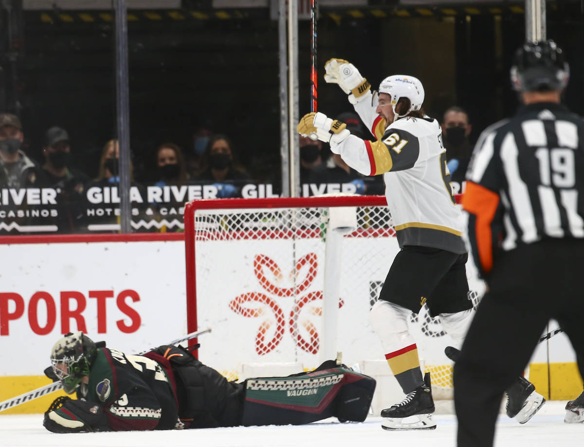 Golden Knights' Mark Stone (61) celebrates after an overtime win against the Arizona Coyotes in ...
