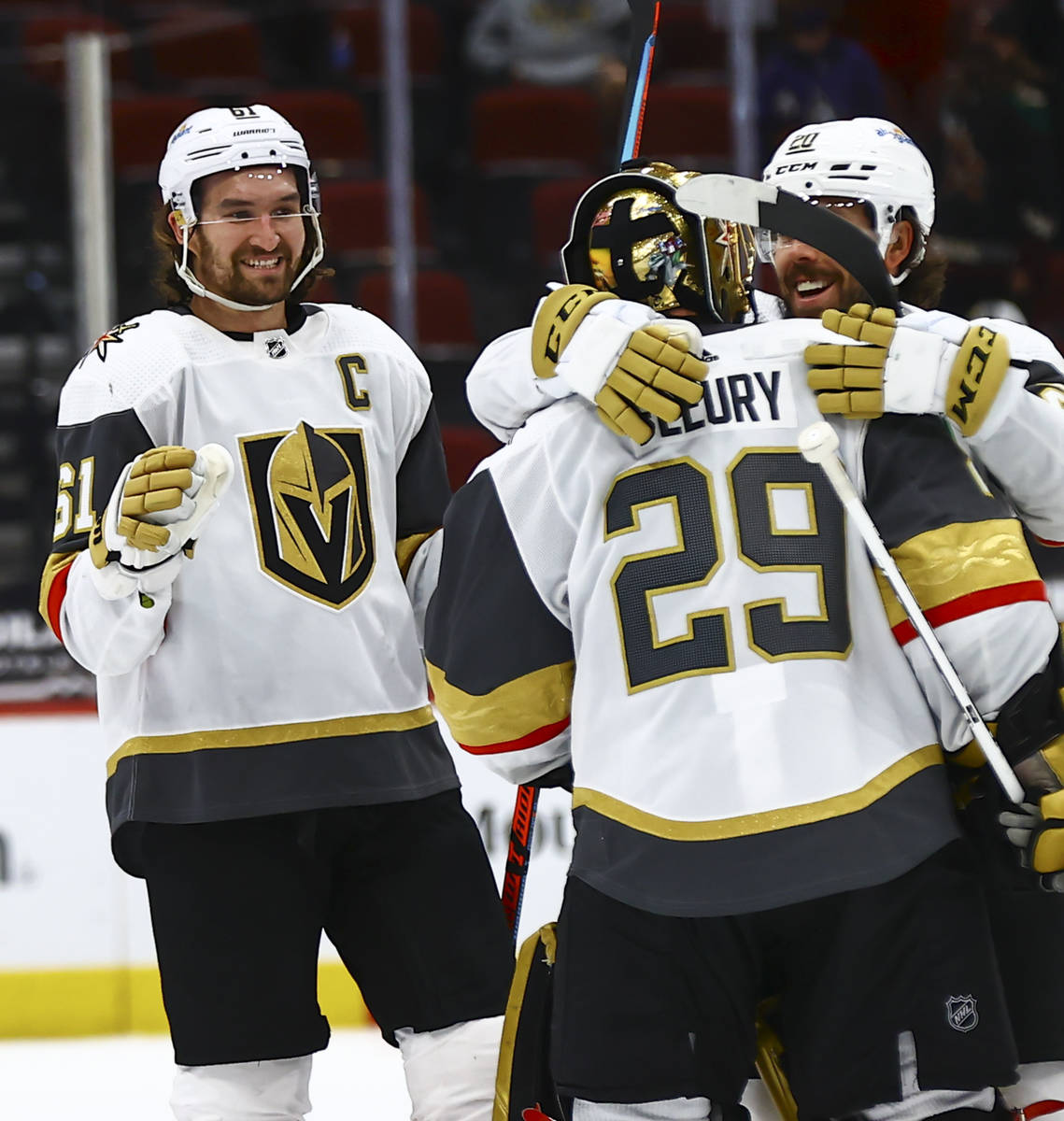 The Golden Knights celebrate with goaltender Marc-Andre Fleury (29) after an overtime win again ...