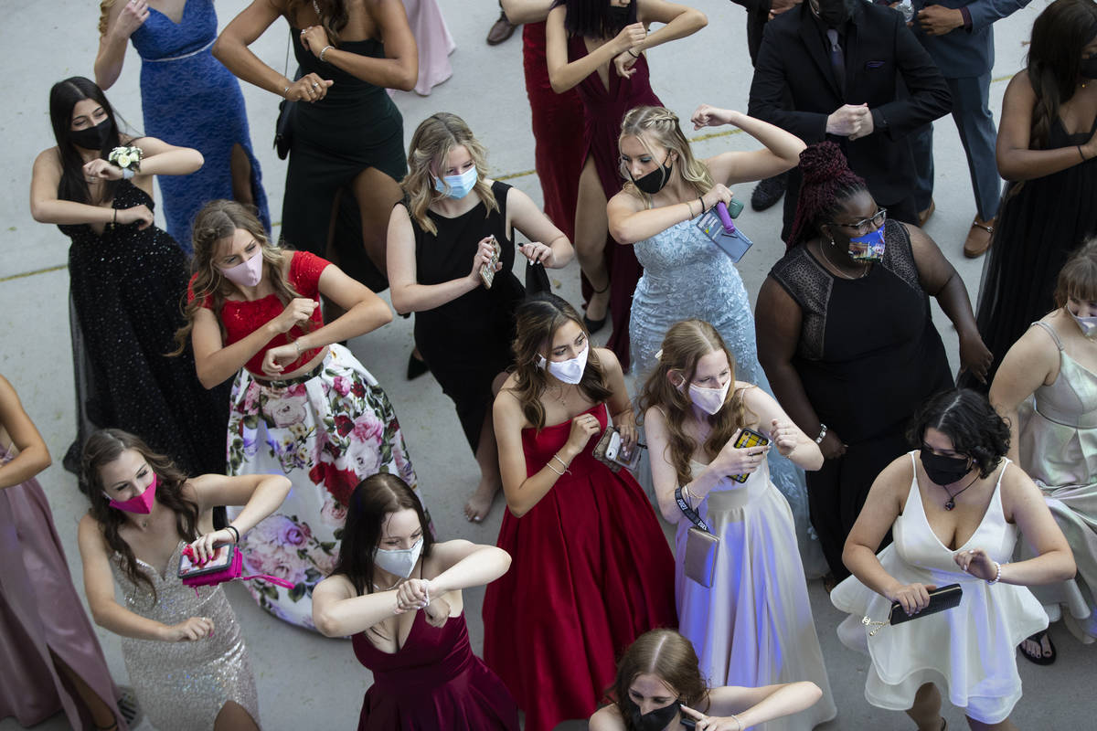 Students dance during the Liberty High School prom in Henderson, Saturday, May 1, 2021. (Erik V ...