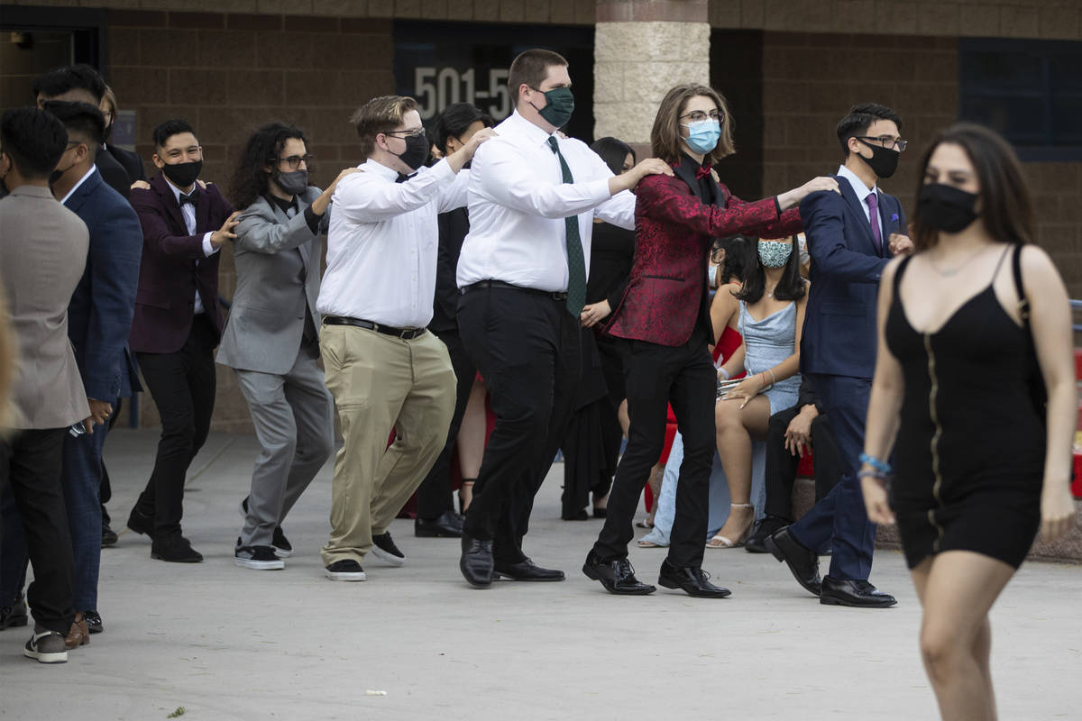 Students dance during the Liberty High School prom in Henderson, Saturday, May 1, 2021. (Erik V ...