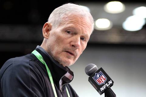 Las Vegas Raiders general manager Mike Mayock speaks at the NFL scouting combine at the Indiana ...