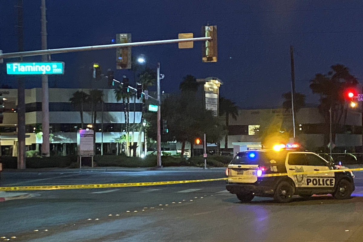 Las Vegas police investigate a fatal hit-and-run crash at the intersection of Flamingo Road an ...