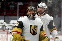 Vegas Golden Knights goaltender Marc-Andre Fleury (29) smiles as he celebrates a win against th ...