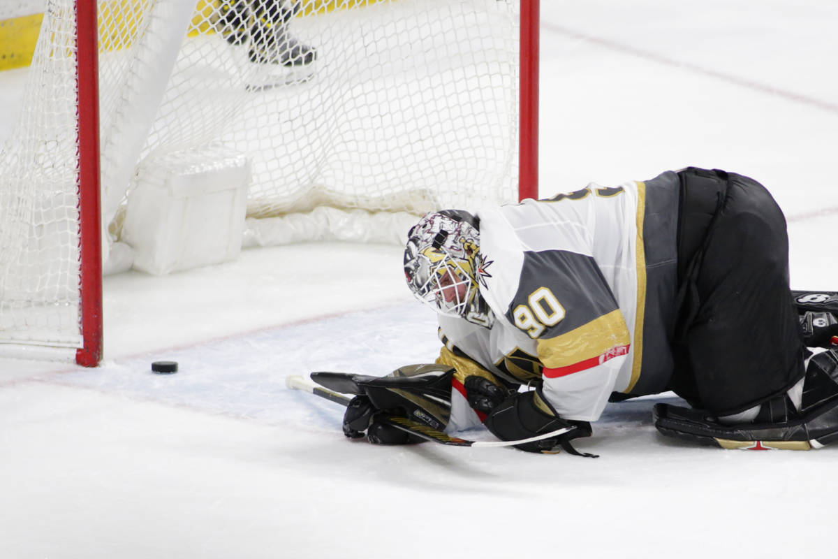 Vegas Golden Knights goaltender Robin Lehner reacts after a goal was scored by Minnesota Wild l ...