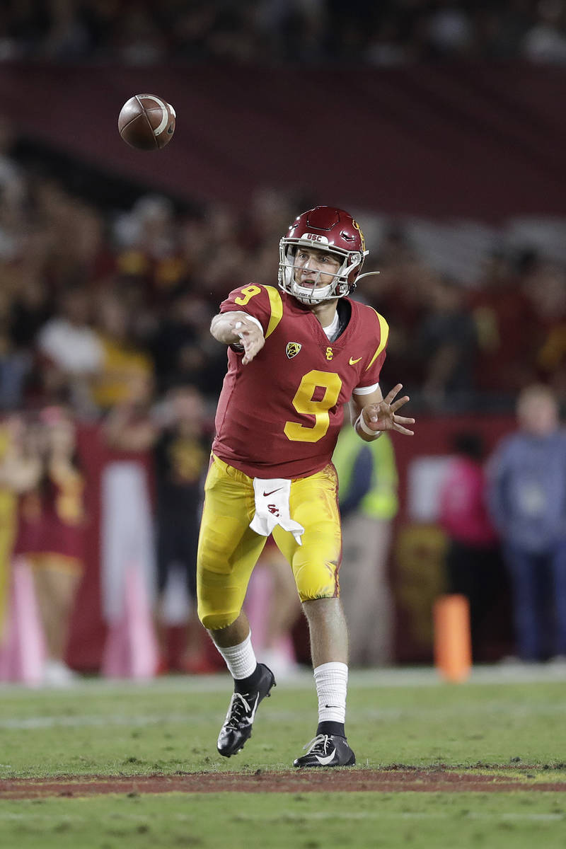 Southern California quarterback Kedon Slovis (9) throws against Arizona during the first half o ...