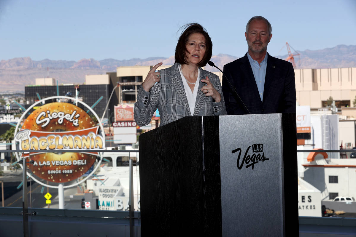 Sen. Catherine Cortez Masto, D-Nev., talks to the news media with Las Vegas Convention and Visi ...