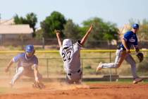 Bishop Gorman's second baseman Maddox Riske (2), left, catches a ground ball while Palo Verde's ...