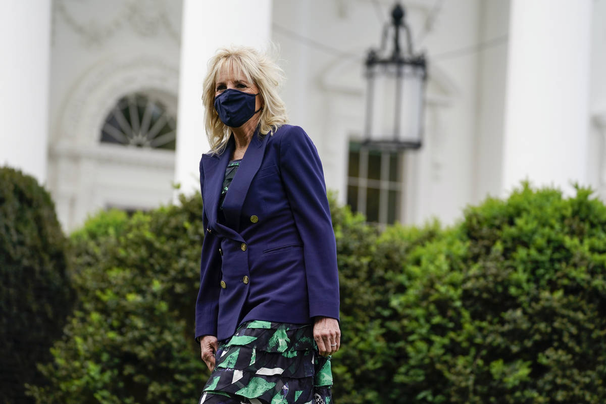 First lady Jill Biden arrives to participate in an Arbor Day tree planting ceremony at the Whit ...