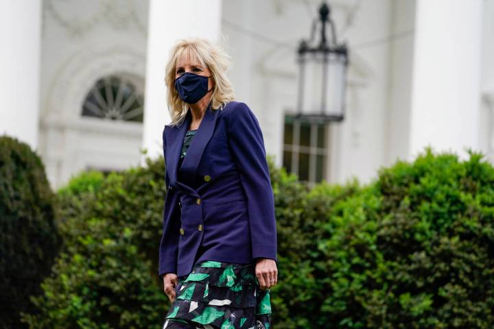 First lady Jill Biden arrives to participate in an Arbor Day tree planting ceremony at the Whit ...