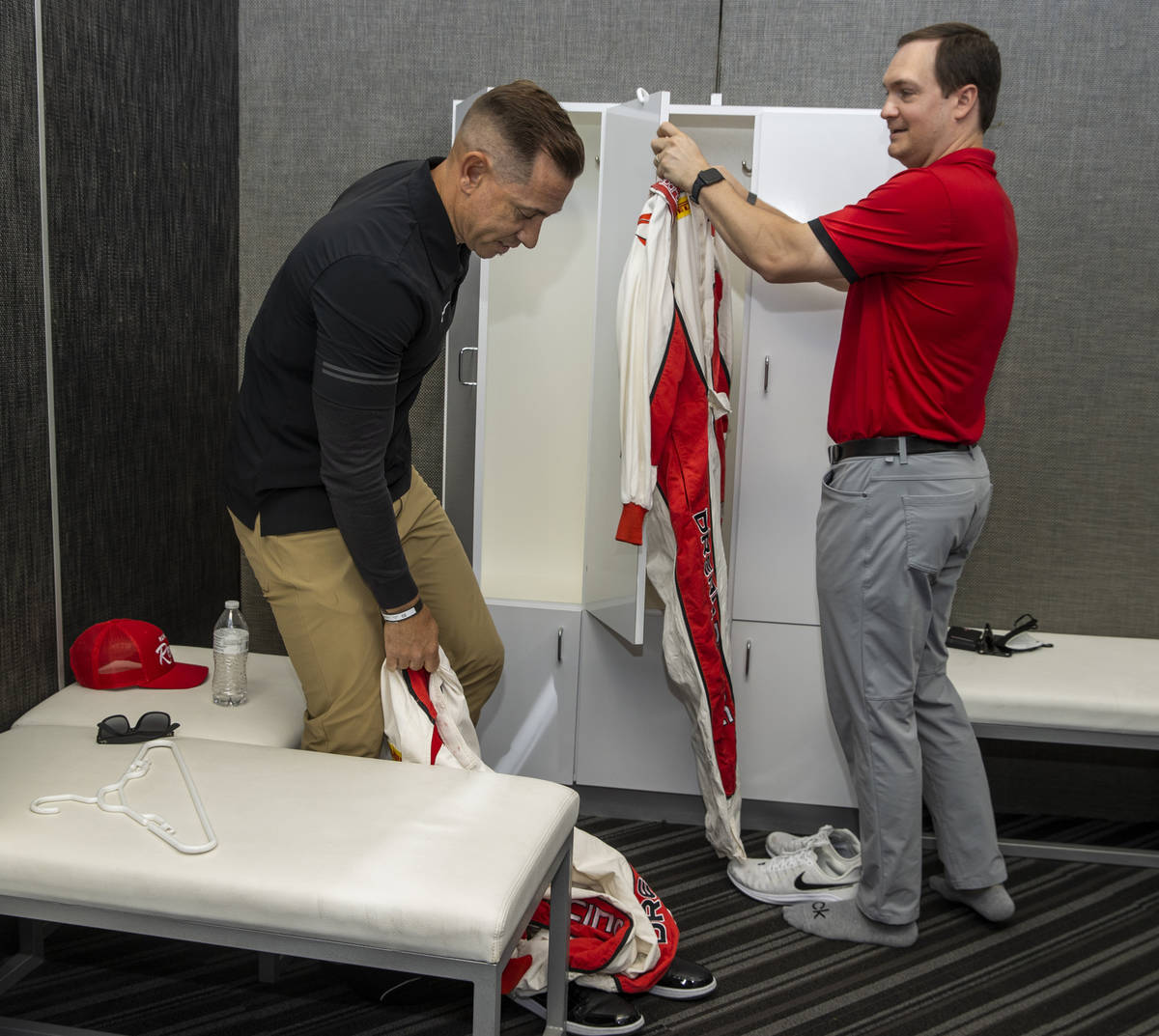 UNLV head football coach Marcus Arroyo, left, and UNLV head men's basketball coach Kevin Kruger ...