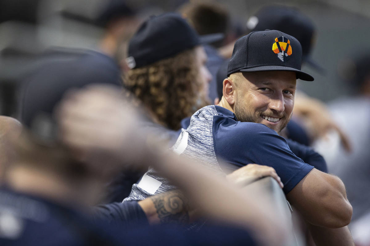 Aviators pitcher James Kaprielian jokes around with teammates during practice at Las Vegas Ball ...