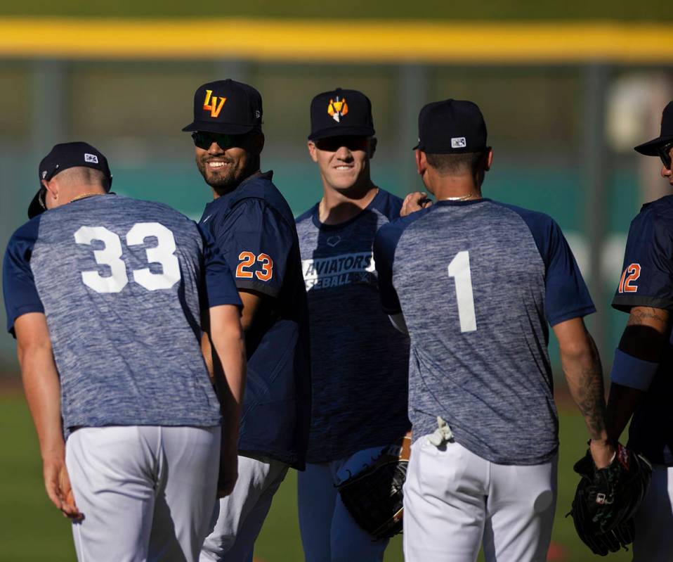 Aviators players Frank Schwindel, left, Carlos Prez, Greg Deichman and Luis Barrera joke ...