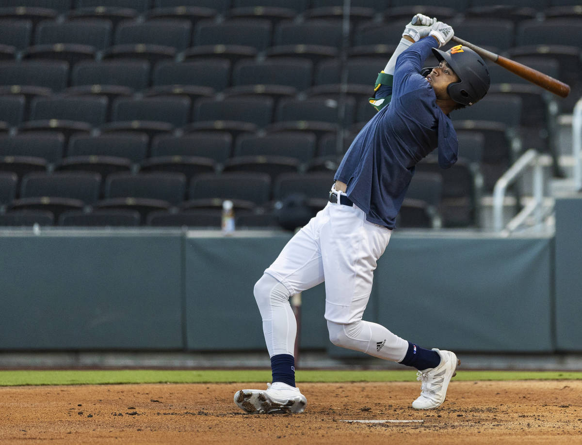 Aviators outfielder Buddy Reed takes a big cut during a simulated game at Las Vegas Ballpark on ...