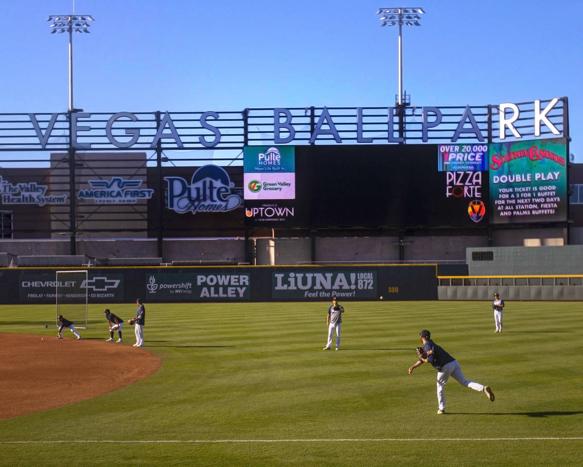 Aviators players warm up before the start of practice at Las Vegas Ballpark on Tuesday, May 4, ...