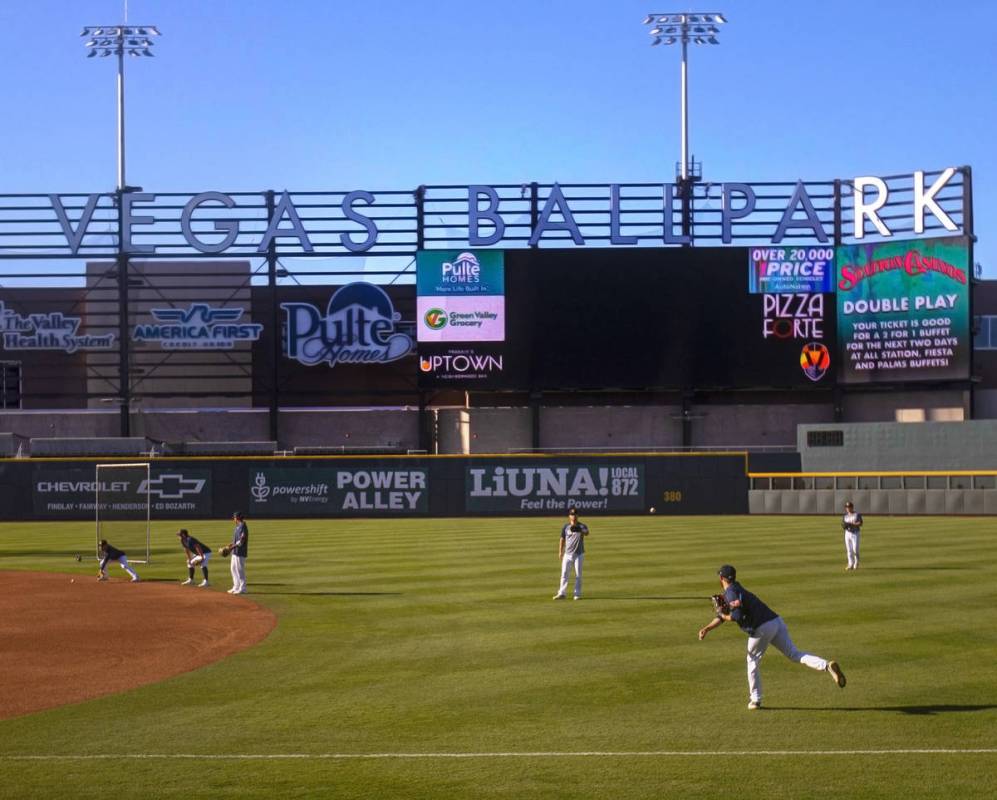 Aviators players warm up before the start of practice at Las Vegas Ballpark on Tuesday, May 4, ...
