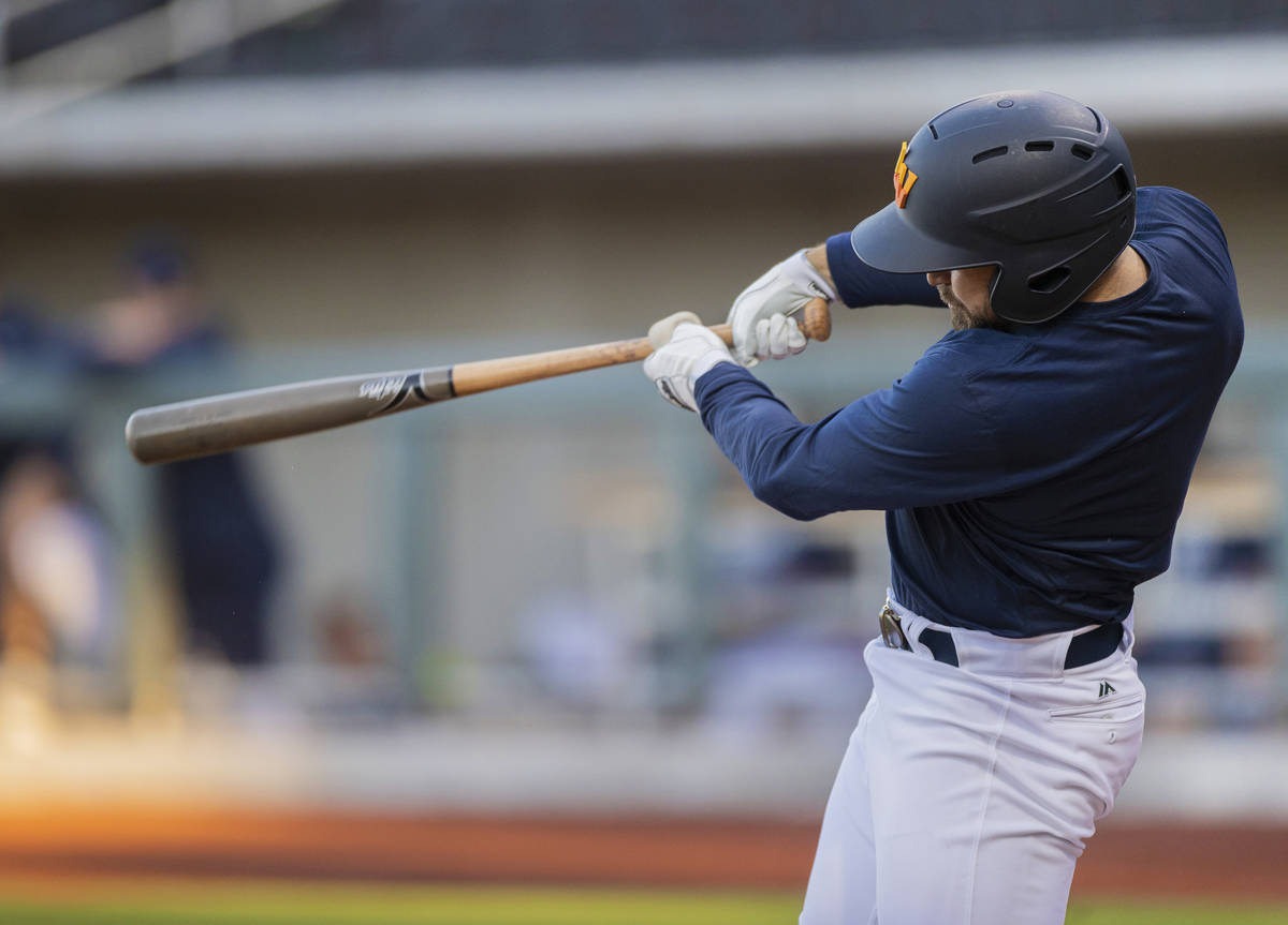 Cody Thomas hits a home run during a simulated game at practice at Las Vegas Ballpark on Tuesda ...