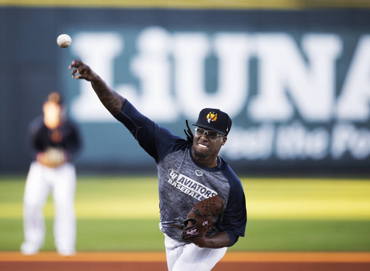 Aviators pitcher Luis Romero pitches in a simulated game during practice at Las Vegas Ballpark ...